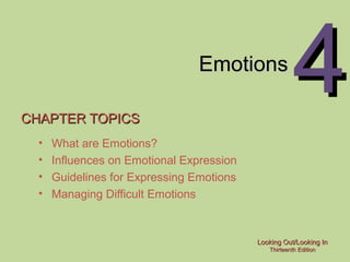 Looking Out/Looking InLooking Out/Looking In
Thirteenth EditionThirteenth Edition
44EmotionsEmotions
CHAPTER TOPICSCHAPTER TOPICS
• What are Emotions?
• Influences on Emotional Expression
• Guidelines for Expressing Emotions
• Managing Difficult Emotions
 