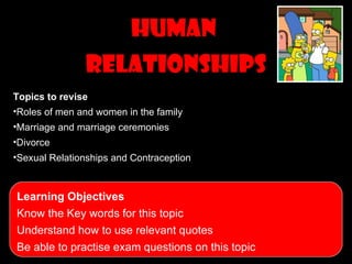 Human
               Relationships
Topics to revise
•Roles of men and women in the family
•Marriage and marriage ceremonies
•Divorce
•Sexual Relationships and Contraception



Learning Objectives
Know the Key words for this topic
Understand how to use relevant quotes
Be able to practise exam questions on this topic
 