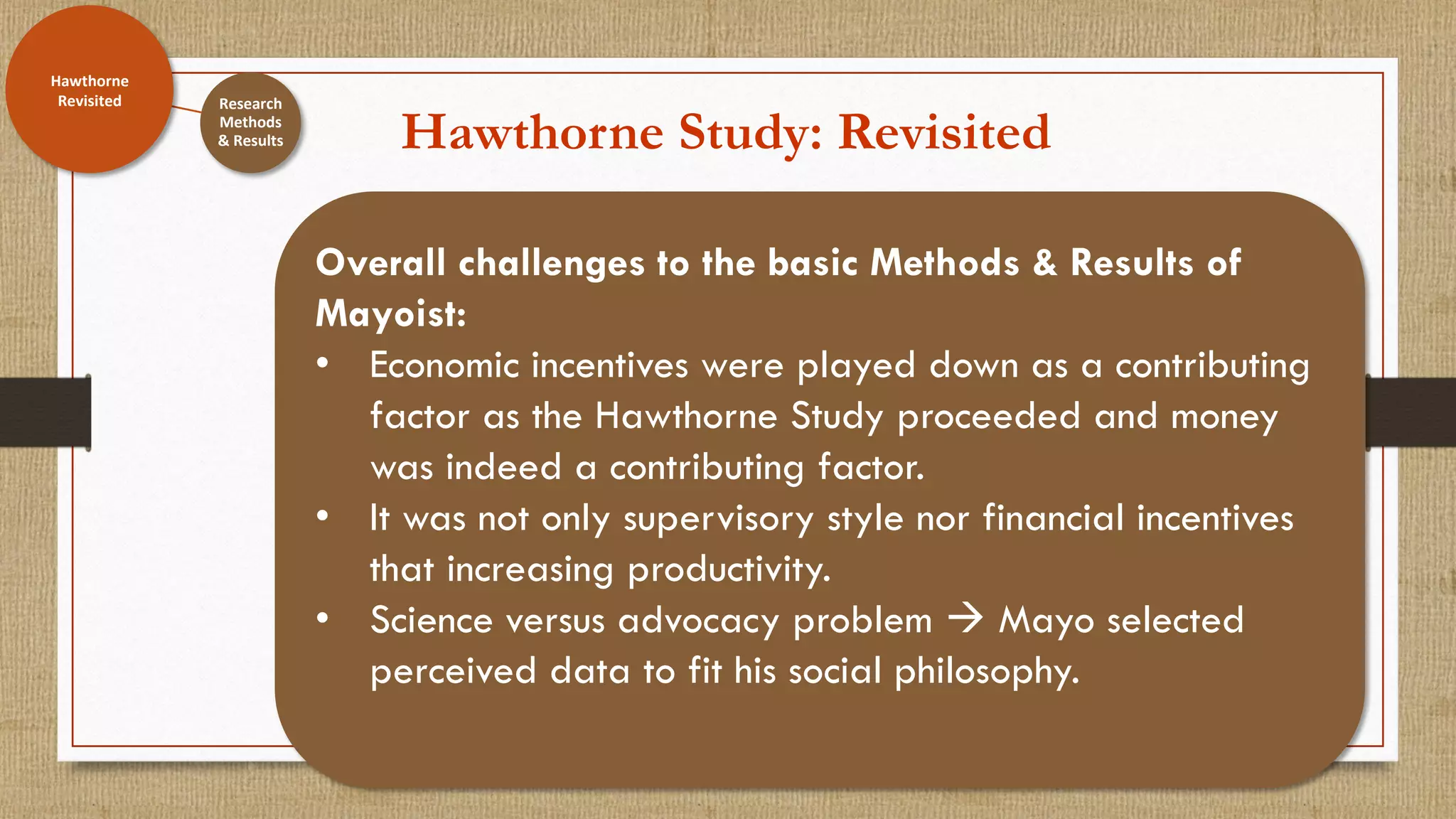 Hawthorne Study: Revisited
Hawthorne
Revisited
Overall challenges to the basic Methods & Results of
Mayoist:
• Economic incentives were played down as a contributing
factor as the Hawthorne Study proceeded and money
was indeed a contributing factor.
• It was not only supervisory style nor financial incentives
that increasing productivity.
• Science versus advocacy problem  Mayo selected
perceived data to fit his social philosophy.
Research
Methods
& Results
Hawthorne
Revisited
 