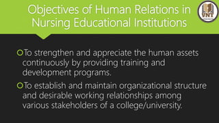 Objectives of Human Relations in
Nursing Educational Institutions
To strengthen and appreciate the human assets
continuously by providing training and
development programs.
To establish and maintain organizational structure
and desirable working relationships among
various stakeholders of a college/university.
 