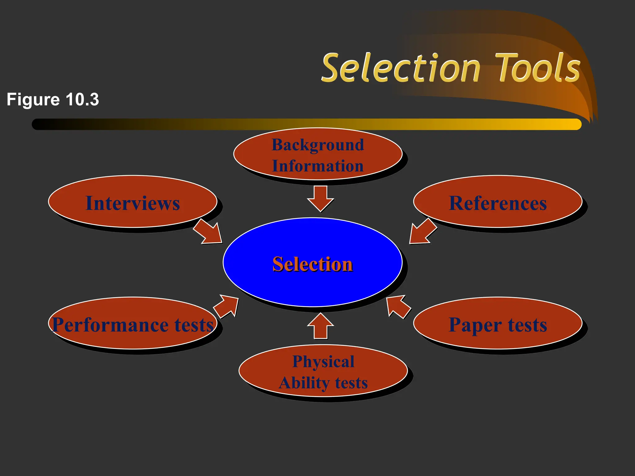 Selection Tools
Background
Information
Interviews References
Paper tests
Physical
Ability tests
Performance tests
Selection
Selection
Figure 10.3
 
