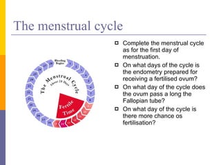 The menstrual cycle Complete the menstrual cycle as for the first day of menstruation. On what days of the cycle is the endometry prepared for receiving a fertilised ovum? On what day of the cycle does the ovum pass a long the Fallopian tube? On what day of the cycle is there more chance os fertilisation? 