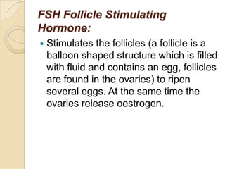 FSH Follicle Stimulating
Hormone:


Stimulates the follicles (a follicle is a
balloon shaped structure which is filled
with fluid and contains an egg, follicles
are found in the ovaries) to ripen
several eggs. At the same time the
ovaries release oestrogen.

 