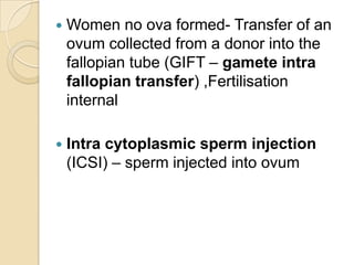 

Women no ova formed- Transfer of an
ovum collected from a donor into the
fallopian tube (GIFT – gamete intra
fallopian transfer) ,Fertilisation
internal



Intra cytoplasmic sperm injection
(ICSI) – sperm injected into ovum

 