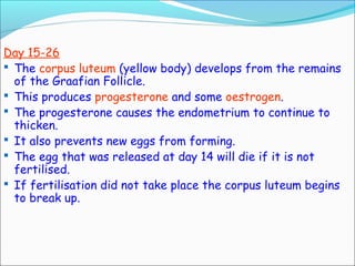 Day 15-26
 The corpus luteum (yellow body) develops from the remains
of the Graafian Follicle.
 This produces progesterone and some oestrogen.
 The progesterone causes the endometrium to continue to
thicken.
 It also prevents new eggs from forming.
 The egg that was released at day 14 will die if it is not
fertilised.
 If fertilisation did not take place the corpus luteum begins
to break up.
 