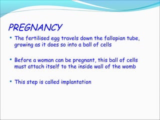 PREGNANCY
 The fertilised egg travels down the fallopian tube,
growing as it does so into a ball of cells
 Before a woman can be pregnant, this ball of cells
must attach itself to the inside wall of the womb
 This step is called implantation
 