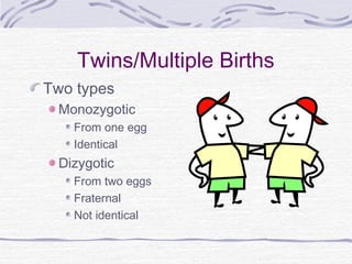 Twins/Multiple Births
Two types
Monozygotic
From one egg
Identical
Dizygotic
From two eggs
Fraternal
Not identical
 