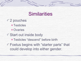 Similarities
2 pouches
Testicles
Ovaries
Start out inside body
Testicles “descend” before birth
Foetus begins with “starter parts” that
could develop into either gender.
 