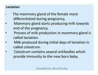 Lactation:
• The mammary gland of the female more
differentiated during pregnancy,
• Mammary gland starts producing milk towards
end of the pregnancy.
• Process of milk production in mammary gland is
called lactation.called lactation.
• Milk produced during initial days of lactation is
called colostrum.
• Colostrum contains several antibodies which
provide immunity to the new born baby.
 