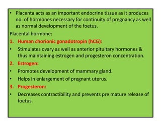 • Placenta acts as an important endocrine tissue as it produces
no. of hormones necessary for continuity of pregnancy as well
as normal development of the foetus.
Placental hormone:
1. Human chorionic gonadotropin (hCG):
• Stimulates ovary as well as anterior pituitary hormones &
thus maintaining estrogen and progesteron concentration.
2. Estrogen:
• Promotes development of mammary gland.
• Helps in enlargement of pregnant uterus.
3. Progesteron:
• Decreases contractibility and prevents pre mature release of
foetus.
 