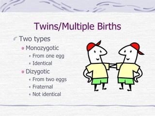Twins/Multiple Births
Two types
Monozygotic
From one egg
Identical
Dizygotic
From two eggs
Fraternal
Not identical
 