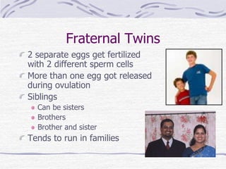 Fraternal Twins
2 separate eggs get fertilized
with 2 different sperm cells
More than one egg got released
during ovulation
Siblings
Can be sisters
Brothers
Brother and sister
Tends to run in families
 