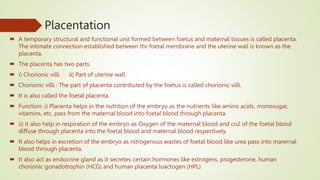 Placentation
 A temporary structural and functional unit formed between foetus and maternal tissues is called placenta.
The intimate connection established between thr foetal membrane and the uterine wall is known as the
placenta.
 The placenta has two parts.
 i) Chorionic villi ii) Part of uterine wall
 Chorionic villi : The part of placenta contributed by the foetus is called chorionic villi.
 It is also called the foetal placenta.
 Function: i) Placenta helps in the nutrition of the embryo as the nutrients like amino acids, monosugar,
vitamins, etc, pass from the maternal blood into foetal blood through placenta.
 ii) it also help in respiration of the embryo as Oxygen of the maternal blood and co2 of the foetal blood
diffuse through placenta into the foetal blood and maternal blood respectively.
 It also helps in excretion of the embryo as nitrogenous wastes of foetal blood like urea pass into marernal
blood through placenta.
 It also act as endocrine gland as it secretes certain hormones like estrogens, progesterone, human
chorionic gonadotrophin (HCG) and human placenta loactogen (HPL)
 