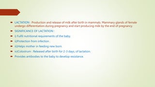  LACTATION : Production and release of milk after birth in mammals. Mammary glands of female
undergo differentiation during pregnancy and start producing milk by the end of pregnancy.
 SIGNIFICANCE OF LACTATION :
 i) Fulfil nutritional requirements of the baby.
 ii)Protection from infection .
 iii)Helps mother in feeding new born.
 iv)Colostrum : Released after birth for 2-3 days, of lactation.
 Provides antibodies to the baby to develop resistance.
 