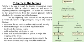 Puberty in the female
Puberty is the age at which the internal reproductive organs
reach maturity. This is called the menarche, and marks the
beginning of the childbearing period. The ovaries are stimulated
by the gonadotrophins from the anterior pituitary, follicle
stimulating hormone and luteinising hormone.
The age of puberty varies between 10 and 14 years and
a number of physical and psychological changes take place at
this time:
• the uterus, the uterine tubes and the ovaries reach maturity
• the menstrual cycle and ovulation begin (menarche)
• the breasts develop and enlarge
• pubic and axillary hair begins to grow
• there is an increase in the rate of growth in height and
widening of the pelvis
• there is an increase in the amount of fat deposited in the
subcutaneous tissue, especially at the hips and breasts.
 