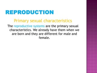 Primary sexual characteristics
The reproductive systems are the primary sexual
 characteristics. We already have them when...
