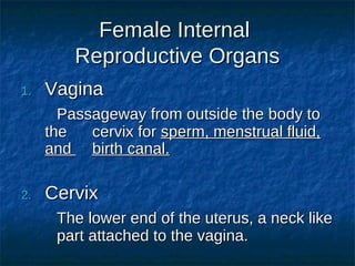 Female Internal
Reproductive Organs
1.

Vagina
Passageway from outside the body to
the
cervix for sperm, menstrual fluid,
and birth canal.

2.

Cervix
The lower end of the uterus, a neck like
part attached to the vagina.

 
