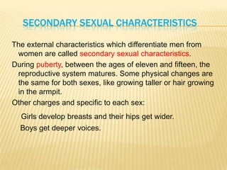 SECONDARY SEXUAL CHARACTERISTICS
The external characteristics which differentiate men from
women are called secondary sexual characteristics.
During puberty, between the ages of eleven and fifteen, the
reproductive system matures. Some physical changes are
the same for both sexes, like growing taller or hair growing
in the armpit.
Other charges and specific to each sex:
Girls develop breasts and their hips get wider.
Boys get deeper voices.
 