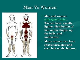 Men Vs Women Man and woman  androgenic hairs . Women have  usually lighter  distribution of hair on the thighs, up the belly, and underarms.  Many women also have sparse facial hair and even hair on the breasts. 