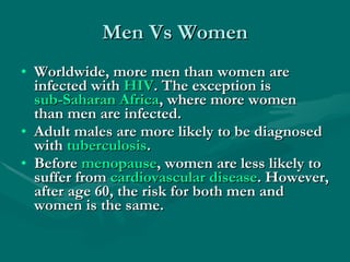 Men Vs Women Worldwide, more men than women are infected with  HIV . The exception is  sub-Saharan Africa , where more women than men are infected.  Adult males are more likely to be diagnosed with  tuberculosis .  Before  menopause , women are less likely to suffer from  cardiovascular disease . However, after age 60, the risk for both men and women is the same. 