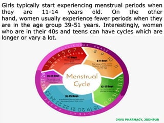 JNVU PHARMACY, JODHPUR
Girls typically start experiencing menstrual periods when
they are 11-14 years old. On the other
hand, women usually experience fewer periods when they
are in the age group 39-51 years. Interestingly, women
who are in their 40s and teens can have cycles which are
longer or vary a lot.
 
