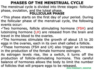 JNVU PHARMACY, JODHPUR
PHASES OF THE MENSTRUAL CYCLE
The menstrual cycle is divided into three stages: follicular
phase, ovulation, and the luteal phase.
FOLLICULAR PHASE
This phase starts on the first day of your period. During
the follicular phase of the menstrual cycle, the following
events occur:
Two hormones, follicle stimulating hormone (FSH) and
luteinizing hormone (LH) are released from the brain and
travel in the blood to the ovaries.
The hormones stimulate the growth of about 15 to 20
eggs in the ovaries, each in its own shell called a follicle.
These hormones (FSH and LH) also trigger an increase
in the production of the female hormone estrogen.
As estrogen levels rise, like a switch, it turns off the
production of follicle-stimulating hormone. This careful
balance of hormones allows the body to limit the number
of follicles that will prepare eggs to be released.
 
