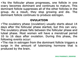 JNVU PHARMACY, JODHPUR
As the follicular phase progresses, one follicle in one
ovary becomes dominant and continues to mature. This
dominant follicle suppresses all of the other follicles in the
group. As a result, they stop growing and die. The
dominant follicle continues to produce estrogen.
OVULATION
The ovulatory phase (ovulation) usually starts about 14
days after the follicular phase started, but this can vary.
The ovulatory phase falls between the follicular phase and
luteal phase. Most women will have a menstrual period
10 to 16 days after ovulation. During this phase, the
following events occur:
The rise in estrogen from the dominant follicle triggers a
surge in the amount of luteinizing hormone that is
produced by the brain.
 