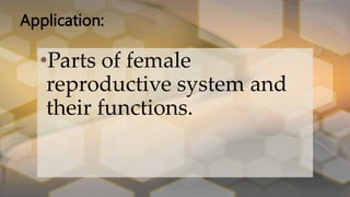 Application:
•Parts of female
reproductive system and
their functions.
 