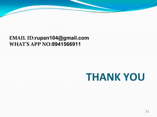THANK YOU
EMAIL ID:rupan104@gmail.com
WHAT’S APP NO:9941566911
31
 