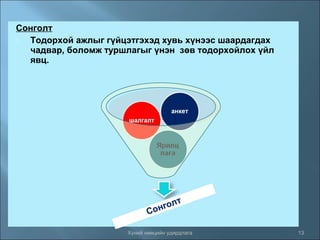 Сонголт

Тодорхой ажлыг гүйцэтгэхэд хувь хүнээс шаардагдах
чадвар, боломж туршлагыг үнэн зөв тодорхойлох үйл
явц.

Хүний нөөцийн удирдлага

13

 