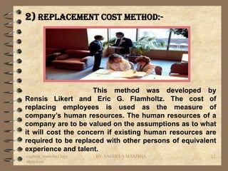 2) Replacement cost method:-




                     This method was developed by
Rensis Likert and Eric G. Flamholtz. The cost of
replacing employees is used as the measure of
company’s human resources. The human resources of a
company are to be valued on the assumptions as to what
it will cost the concern if existing human resources are
required to be replaced with other persons of equivalent
experience and talent.
vaghela_manisha13@y   BY: VAGHELA MANISHA             12
ahoo.com
 