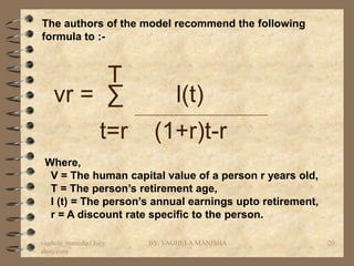 The authors of the model recommend the following
formula to :-


        T
   vr = ∑                        l(t)
                       ___________________________________


                 t=r        (1+r)t-r
 Where,
  V = The human capital value of a person r years old,
  T = The person’s retirement age,
  l (t) = The person’s annual earnings upto retirement,
  r = A discount rate specific to the person.

vaghela_manisha13@y       BY: VAGHELA MANISHA                20
ahoo.com
 