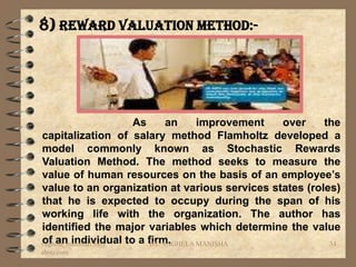 8) Reward valuation method:-




                    As      an     improvement over     the
capitalization of salary method Flamholtz developed a
model commonly known as Stochastic Rewards
Valuation Method. The method seeks to measure the
value of human resources on the basis of an employee’s
value to an organization at various services states (roles)
that he is expected to occupy during the span of his
working life with the organization. The author has
identified the major variables which determine the value
of an individual to a firm.
vaghela_manisha13@y    BY: VAGHELA MANISHA               34
ahoo.com
 