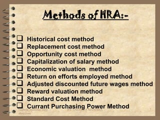 Methods of HRA:-

     Historical cost method
     Replacement cost method
     Opportunity cost method
     Capitalization of salary method
     Economic valuation method
     Return on efforts employed method
     Adjusted discounted future wages method
     Reward valuation method
     Standard Cost Method
     Currant Purchasing Power Method
vaghela_manisha13@y BY: VAGHELA MANISHA     7
ahoo.com
 