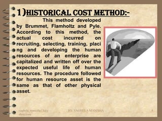 1)Historical cost method:-
            This method developed
by Brummet, Flamholtz and Pyle.
According to this method, the
actual      cost     incurred      on
recruiting, selecting, training, placi
ng and developing the human
resources of an enterprise are
capitalized and written off over the
expected useful life of human
resources. The procedure followed
for human resource asset is the
same as that of other physical
asset.


vaghela_manisha13@y    BY: VAGHELA MANISHA   8
ahoo.com
 