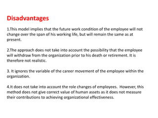 Disadvantages
1.This model implies that the future work condition of the employee will not
change over the span of his working life, but will remain the same as at
present.
2.The approach does not take into account the possibility that the employee
will withdraw from the organization prior to his death or retirement. It is
therefore not realistic.
3. It ignores the variable of the career movement of the employee within the
organization.
4.It does not take into account the role changes of employees. However, this
method does not give correct value of human assets as it does not measure
their contributions to achieving organizational effectiveness.
 