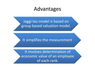Advantages
Jaggi-lau model is based on
group based valuation model.
It simplifies the measurement
It involves determination of
economic value of an employee
of each rank.
 