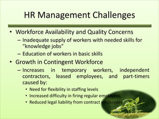 HR Management Challenges
• Workforce Availability and Quality Concerns
– Inadequate supply of workers with needed skills for
“knowledge jobs”
– Education of workers in basic skills

• Growth in Contingent Workforce
– Increases in temporary workers, independent
contractors, leased employees, and part-timers
caused by:
• Need for flexibility in staffing levels
• Increased difficulty in firing regular employees.
• Reduced legal liability from contract employees

 