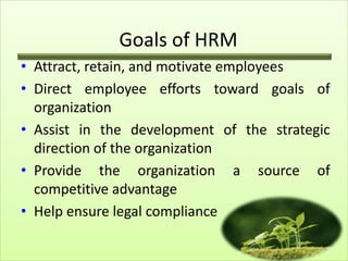 Goals of HRM
• Attract, retain, and motivate employees
• Direct employee efforts toward goals of
organization
• Assist in the development of the strategic
direction of the organization
• Provide the organization a source of
competitive advantage
• Help ensure legal compliance
5

 
