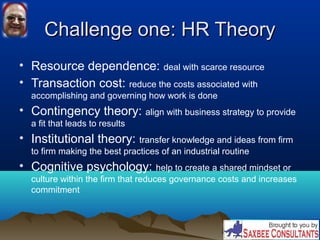 Challenge one: HR TheoryChallenge one: HR Theory
• Resource dependence: deal with scarce resource
• Transaction cost: reduce the costs associated with
accomplishing and governing how work is done
• Contingency theory: align with business strategy to provide
a fit that leads to results
• Institutional theory: transfer knowledge and ideas from firm
to firm making the best practices of an industrial routine
• Cognitive psychology: help to create a shared mindset or
culture within the firm that reduces governance costs and increases
commitment
 