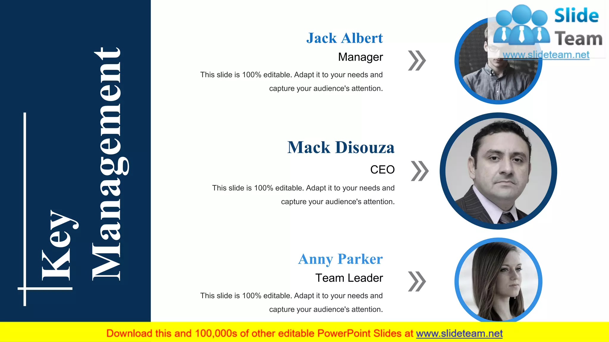 Mack Disouza
This slide is 100% editable. Adapt it to your needs and
capture your audience's attention.
CEO
Jack Albert
This slide is 100% editable. Adapt it to your needs and
capture your audience's attention.
Manager
Anny Parker
This slide is 100% editable. Adapt it to your needs and
capture your audience's attention.
Team Leader
Key
Management
 