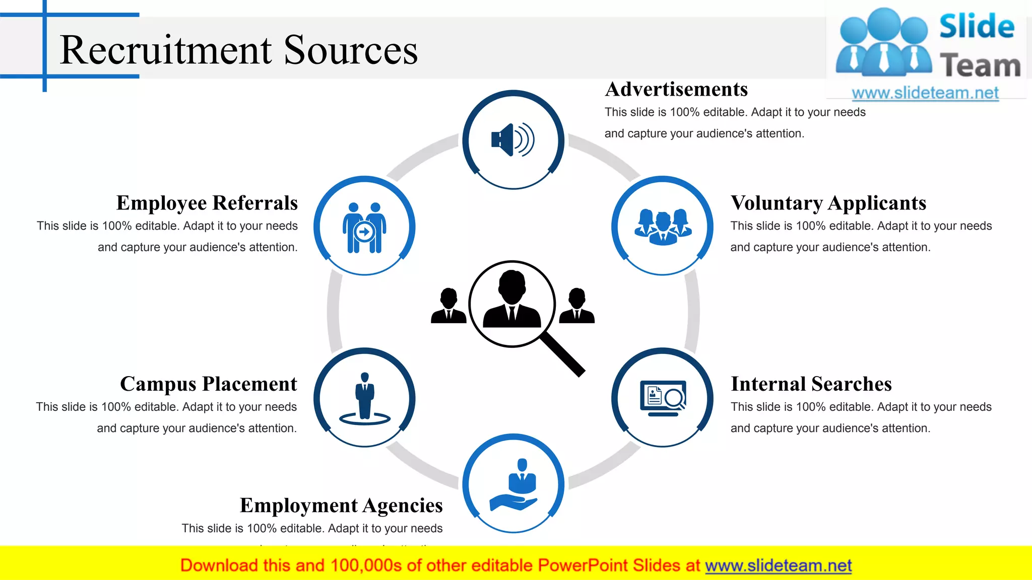 Recruitment Sources
Advertisements
This slide is 100% editable. Adapt it to your needs
and capture your audience's attention.
Voluntary Applicants
This slide is 100% editable. Adapt it to your needs
and capture your audience's attention.
Internal Searches
This slide is 100% editable. Adapt it to your needs
and capture your audience's attention.
Employment Agencies
This slide is 100% editable. Adapt it to your needs
and capture your audience's attention.
Campus Placement
This slide is 100% editable. Adapt it to your needs
and capture your audience's attention.
Employee Referrals
This slide is 100% editable. Adapt it to your needs
and capture your audience's attention.
 