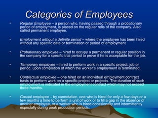 Categories of EmployeesCategories of Employees
• Regular Employee – a person who, having passed through a probationary
period of employment, is placed on the regular rolls of the company. Also
called permanent employee.
• Employment without a definite period – where the employee has been hired
without any specific date or termination or period of employment
• Probationary employee – hired to occupy a permanent or regular position in
the company for a specific trial period to prove if he is acceptable for the job.
• Temporary employee – hired to perform work in a specific project, job or
period, upon completion of which the worker’s employment is terminated.
• Contractual employee – one hired on an individual employment contract
basis to perform work on a specific project or projects. The duration of such
employment is indicated in the employment contract which may not exceed
three months.
• Casual employee – by connotation, one who is hired for only a few days or a
few months a time to perform a unit of work or to fill a gap in the absence of
another employee, or a worker who is hired occasionally and intermittently
especially during peak production periods.
 