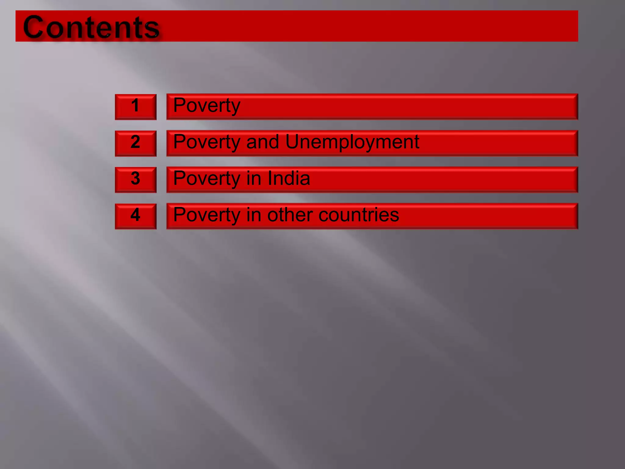 Poverty1
Poverty and Unemployment2
Poverty in India3
Poverty in other countries4