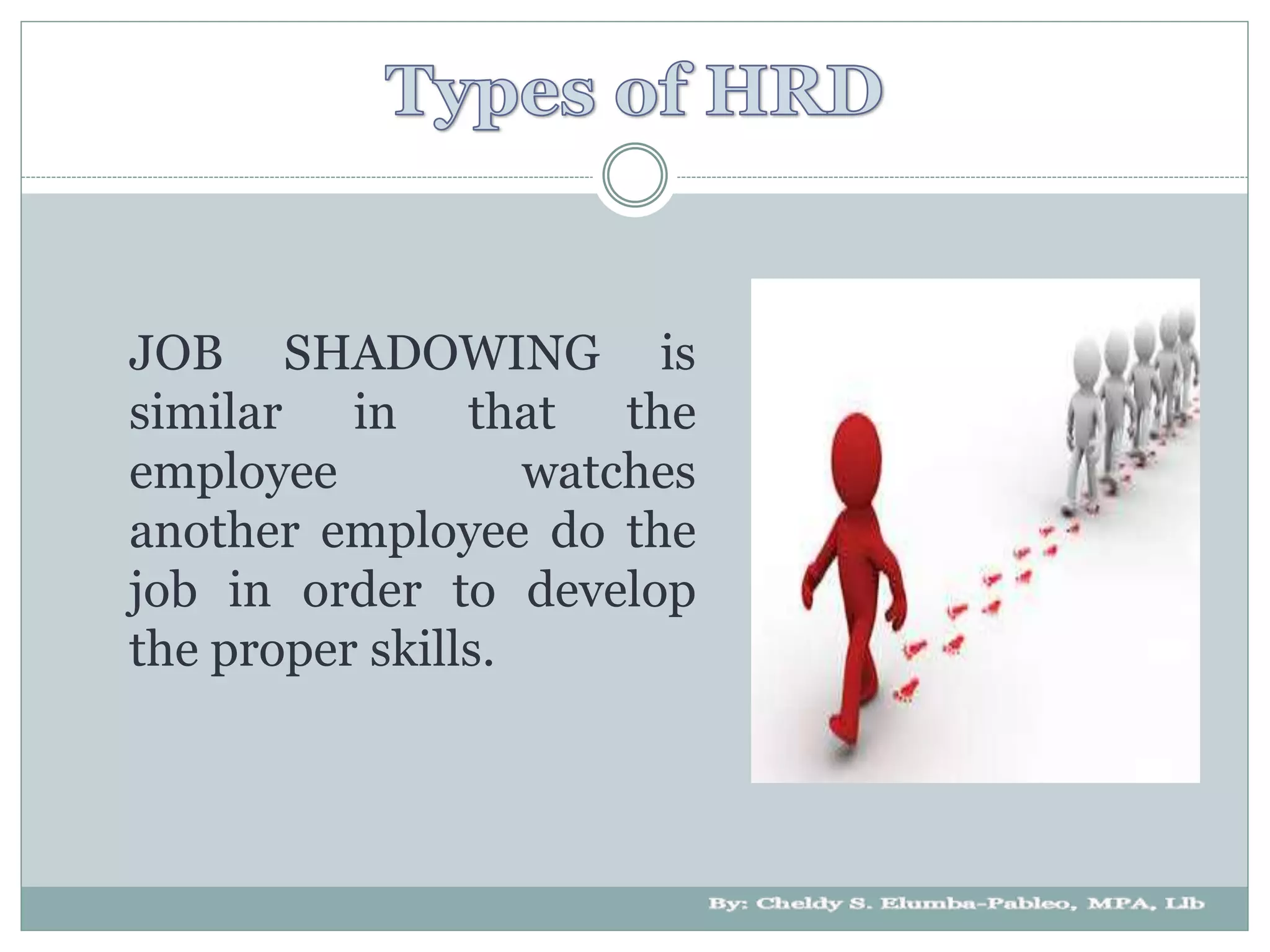 JOB SHADOWING is
similar in that the
employee watches
another employee do the
job in order to develop
the proper skills.
 