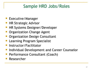 Sample HRD Jobs/Roles











Executive/Manager
HR Strategic Advisor
HR Systems Designer/Developer
Organizati...