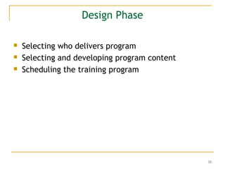 Design Phase




Selecting who delivers program
Selecting and developing program content
Scheduling the training progra...