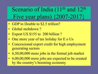 Scenario of India (11th and 12th
Five year plans) {2007-2017}
• GDP to Double to $2.5 trillion?
• Global meltdown ?
• Export US $155 to 200 billion ?
• One more year of tax holiday for E o Us
• Concessional export credit for high employment
generating sectors
• 6,50,00,000 more jobs in the formal job market
• 6,00,00,000 more jobs are expected to be created
by the country’s booming economy
 
