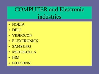 COMPUTER and Electronic
industries
• NOKIA
• DELL
• VIDEOCON
• FLEXTRONICS
• SAMSUNG
• MOTOROLLA
• IBM
• FOXCONN
 