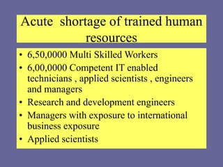 Acute shortage of trained human
resources
• 6,50,0000 Multi Skilled Workers
• 6,00,0000 Competent IT enabled
technicians , applied scientists , engineers
and managers
• Research and development engineers
• Managers with exposure to international
business exposure
• Applied scientists
 